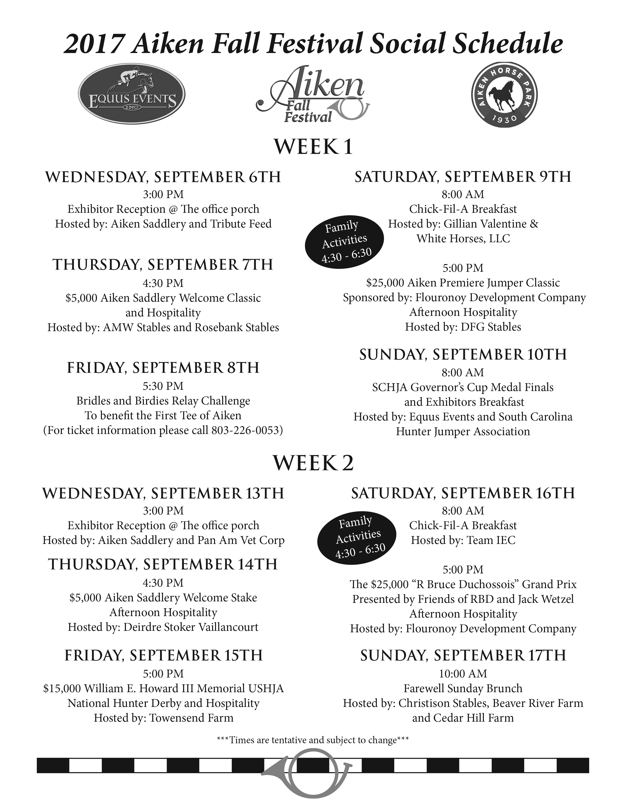 2017 Aiken Fall Festival Social Schedule. 